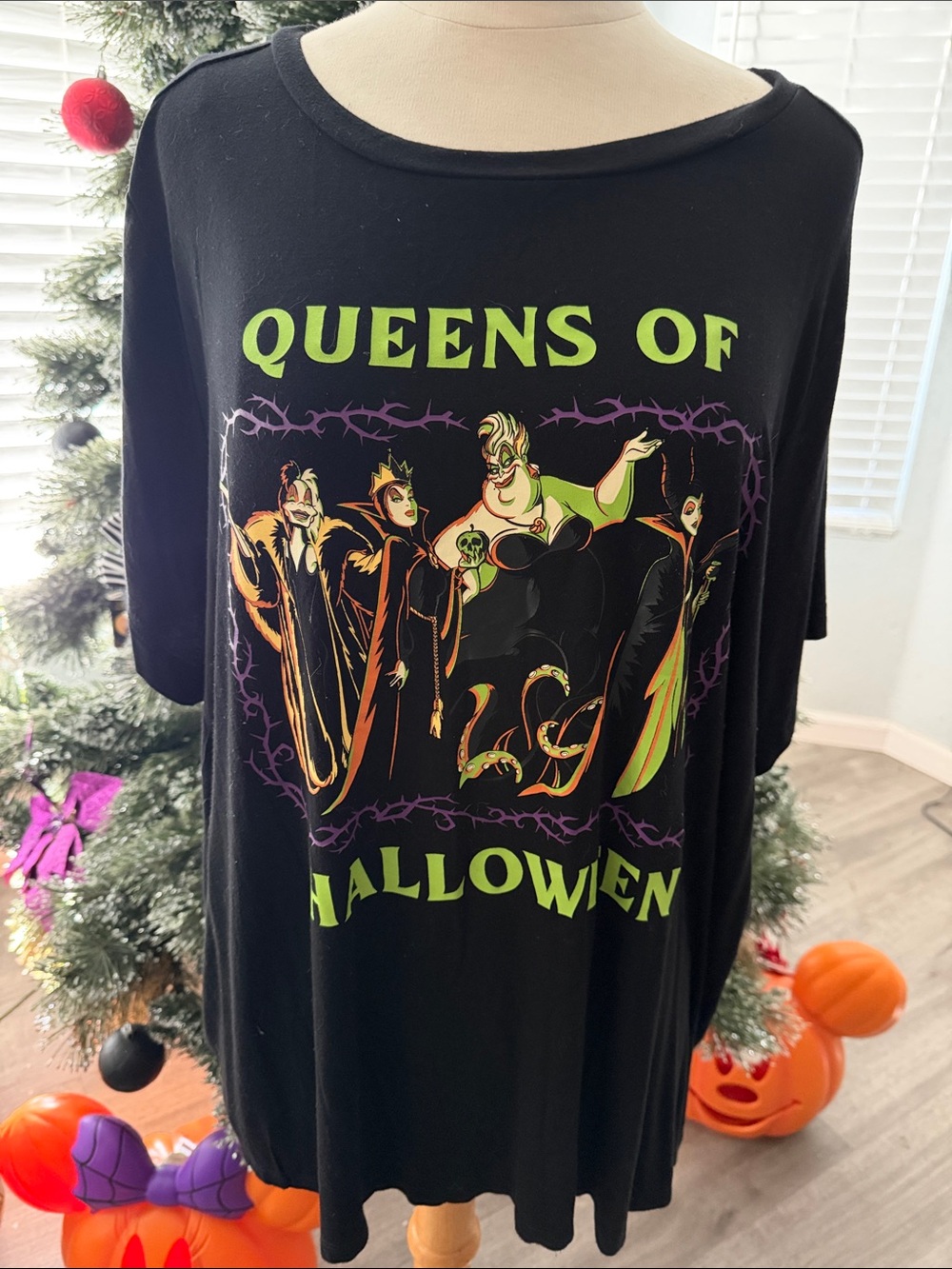 Disney Black 'Queens of Halloween' Graphic Tee with Neon Green & Purple Accents
